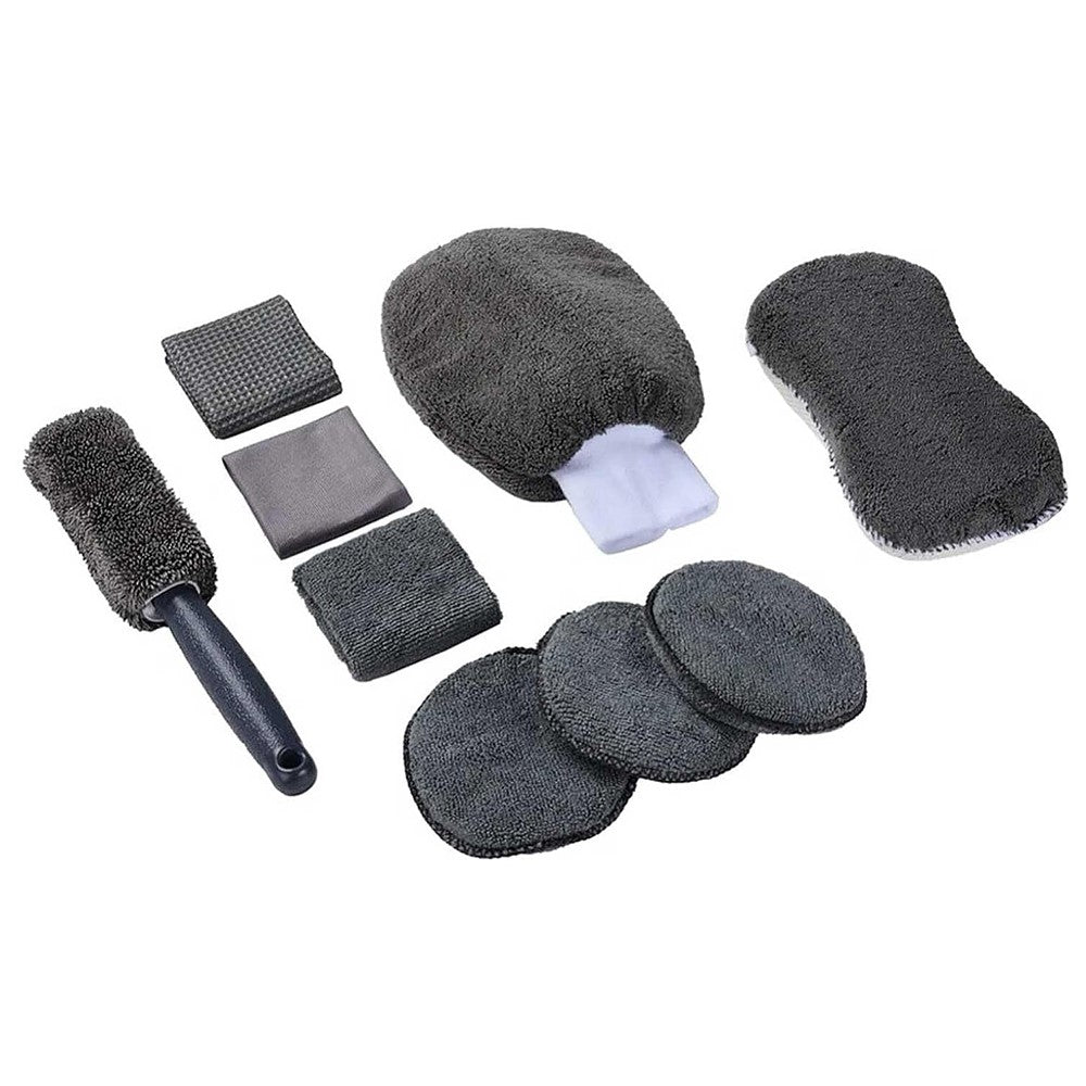 9Pcs Car Wash Kit Microfiber Towel Sponge Wax Applicator Wheel Brush Scratch Free Cleaning Set