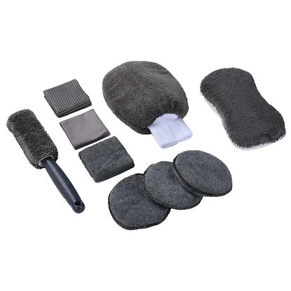 9Pcs Car Wash Kit Microfiber Towel Sponge Wax Applicator Wheel Brush Scratch Free Cleaning Set