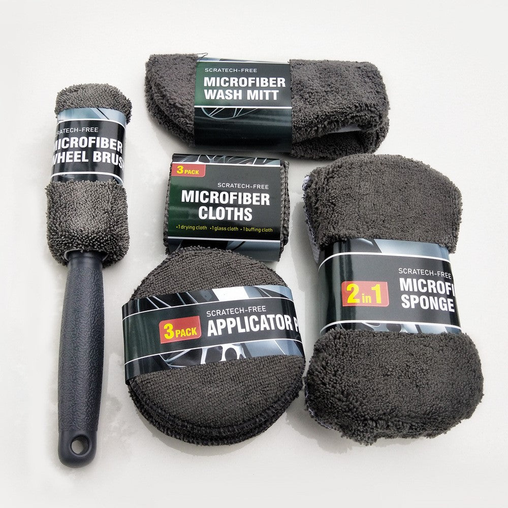 9Pcs Car Wash Kit Microfiber Towel Sponge Wax Applicator Wheel Brush Scratch Free Cleaning Set