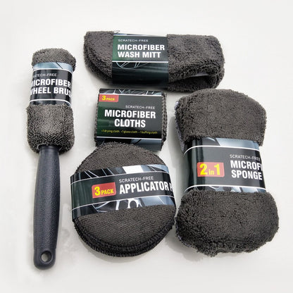 9Pcs Car Wash Kit Microfiber Towel Sponge Wax Applicator Wheel Brush Scratch Free Cleaning Set