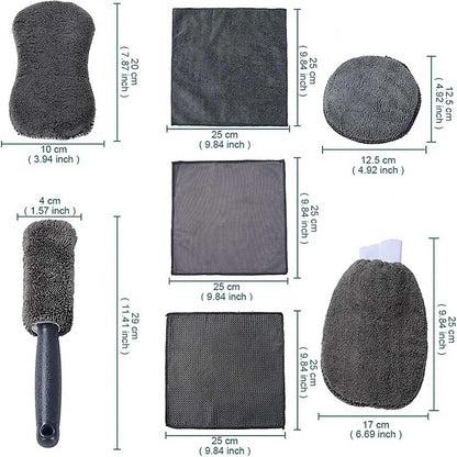 9Pcs Car Wash Kit Microfiber Towel Sponge Wax Applicator Wheel Brush Scratch Free Cleaning Set