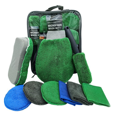 9Pcs Car Wash Kit Microfiber Towel Sponge Wax Applicator Wheel Brush Scratch Free Cleaning Set