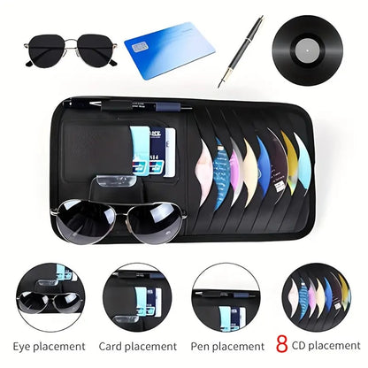 Car Sun Visor Multifunctional Card Organizer PU Leather CD Storage Case Sunglasses Clip Pen Holder