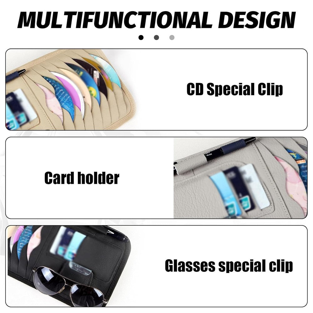 Car Sun Visor Multifunctional Card Organizer PU Leather CD Storage Case Sunglasses Clip Pen Holder