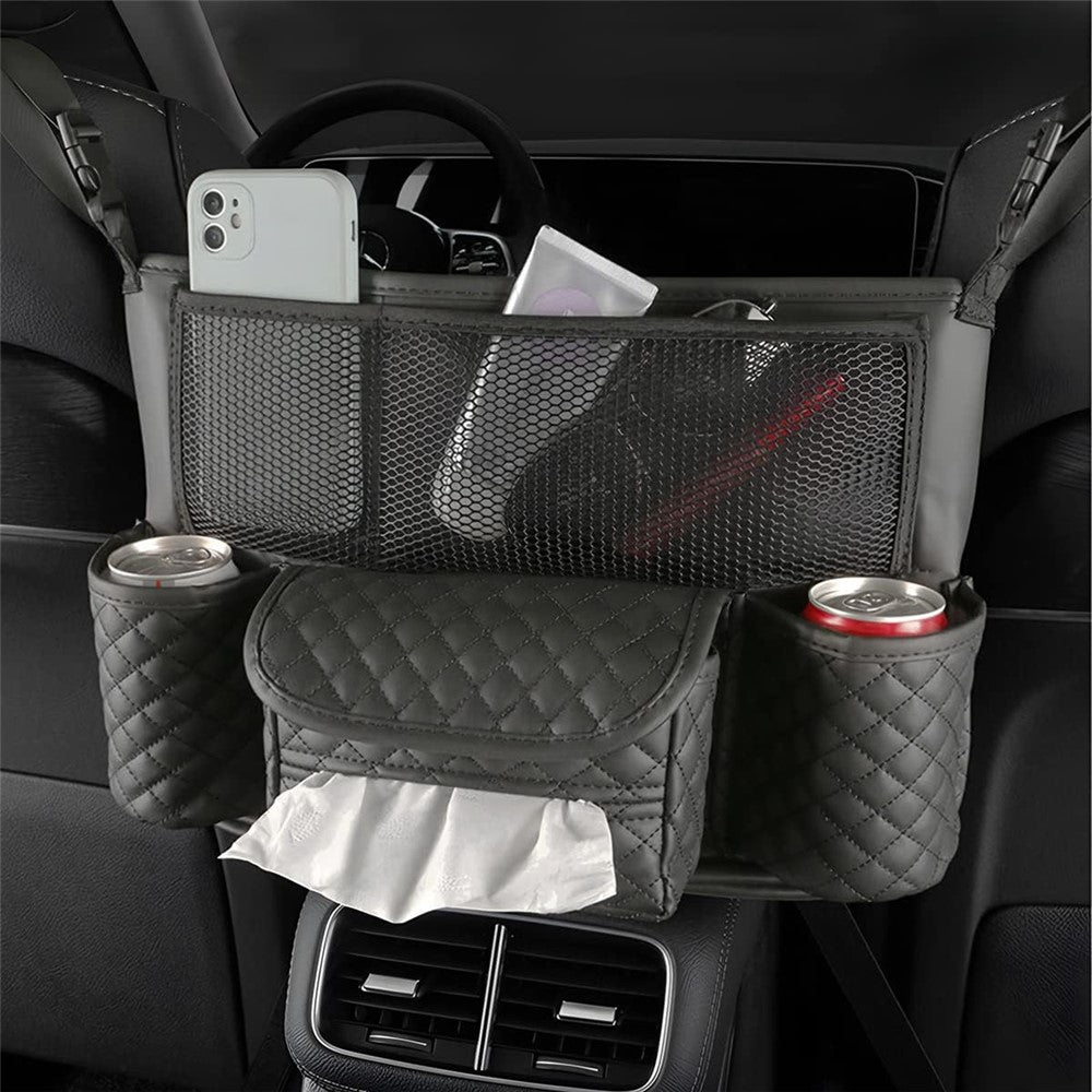 Car Seat Back Organizer PU Leather Multi-Pocket Storage Bag with Cup Holders for Vehicle Interior