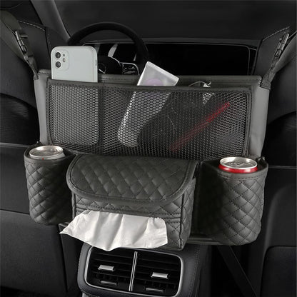 Car Seat Back Organizer PU Leather Multi-Pocket Storage Bag with Cup Holders for Vehicle Interior