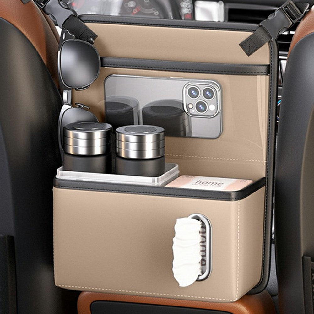 Transparent Touch Window Car Seat Back Organizer Bag PU Leather Multi-Pocket Hanging Bag with Tissue Holder