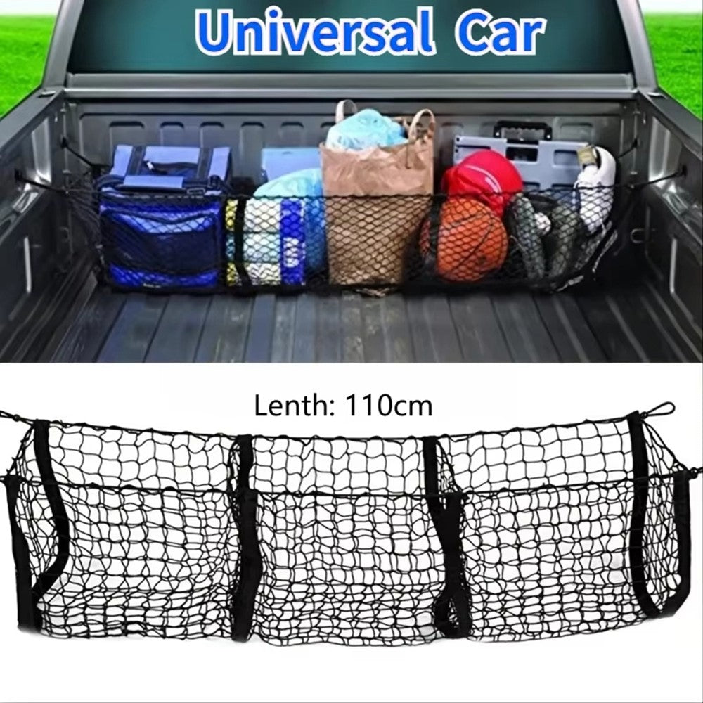110x30cm Truck Cargo Net Organizer Mesh Storage Bag 3 Pockets Trunk Organizer for SUV Pickup Bed