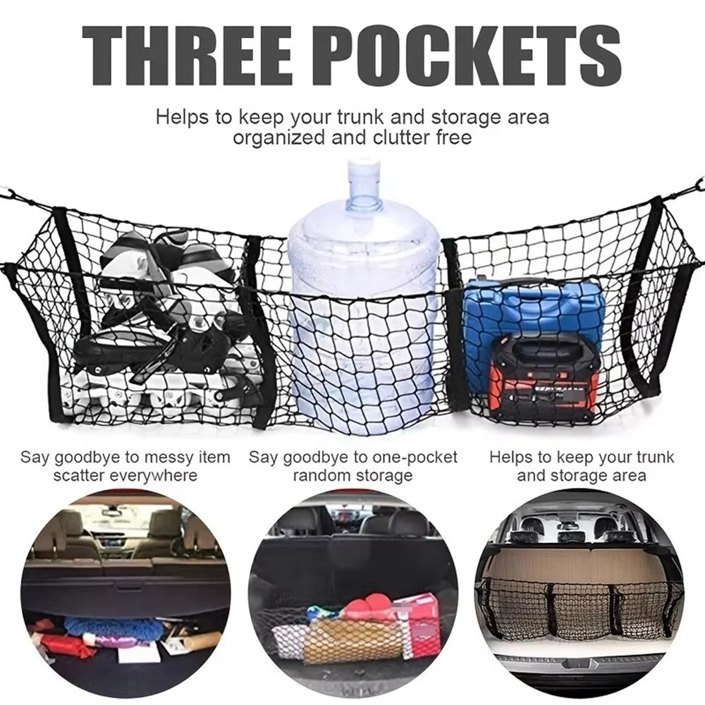 110x30cm Truck Cargo Net Organizer Mesh Storage Bag 3 Pockets Trunk Organizer for SUV Pickup Bed
