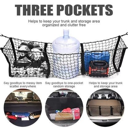 110x30cm Truck Cargo Net Organizer Mesh Storage Bag 3 Pockets Trunk Organizer for SUV Pickup Bed