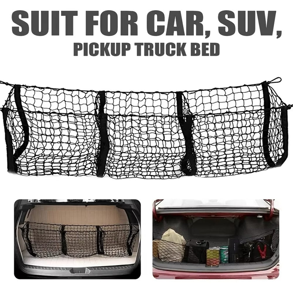 110x30cm Truck Cargo Net Organizer Mesh Storage Bag 3 Pockets Trunk Organizer for SUV Pickup Bed