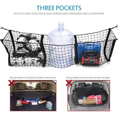 110x30cm Truck Cargo Net Organizer Mesh Storage Bag 3 Pockets Trunk Organizer for SUV Pickup Bed