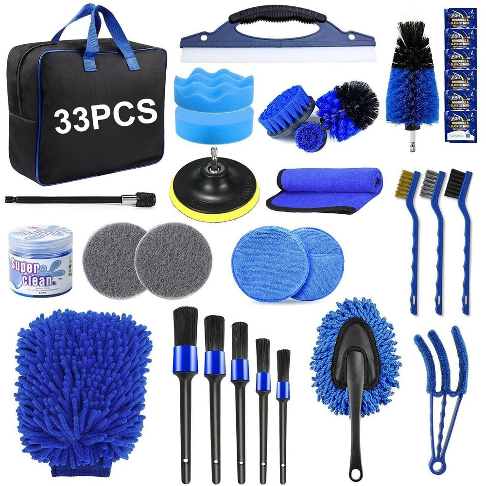 33Pcs Car Cleaning Kit Auto Detailing Tools Drill Brush Microfiber Towel Tire Brush for Interior Exterior