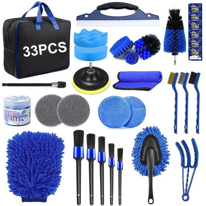 33Pcs Car Cleaning Kit Auto Detailing Tools Drill Brush Microfiber Towel Tire Brush for Interior Exterior
