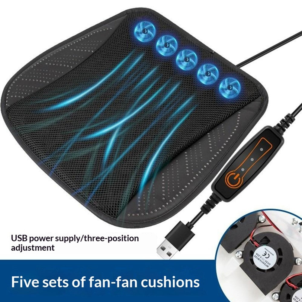 Summer Cooling Seat Cushion with 5 Fans 3-Speed Adjustable USB Car Breathable Mesh Pad