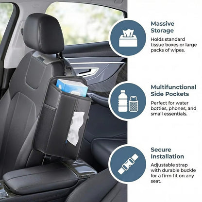 PU Leather Car Seat Side Organizer Tissue Box Holder Multi-Functional Storage Bag with Side Pockets