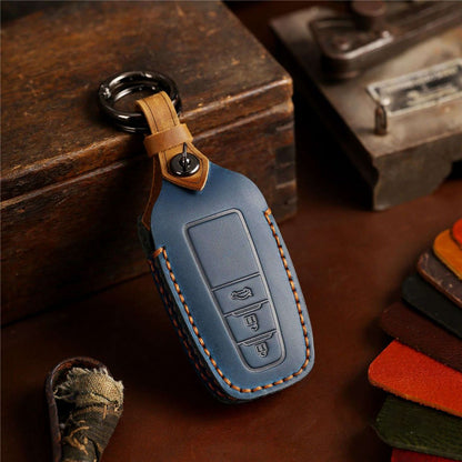 B038 Crazy Horse Cowhide Leather Sleeve 3-Button Car Key Remote Cover Protector Case for Toyota Corolla RAV4 Camry