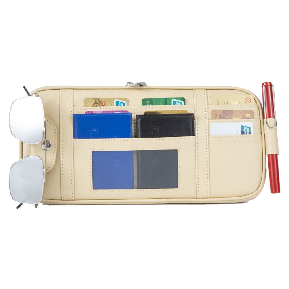 Car Sun Visor Storage Bag PU Leather Driving License Glasses Cards Holder Zipper Pocket Storage Bag