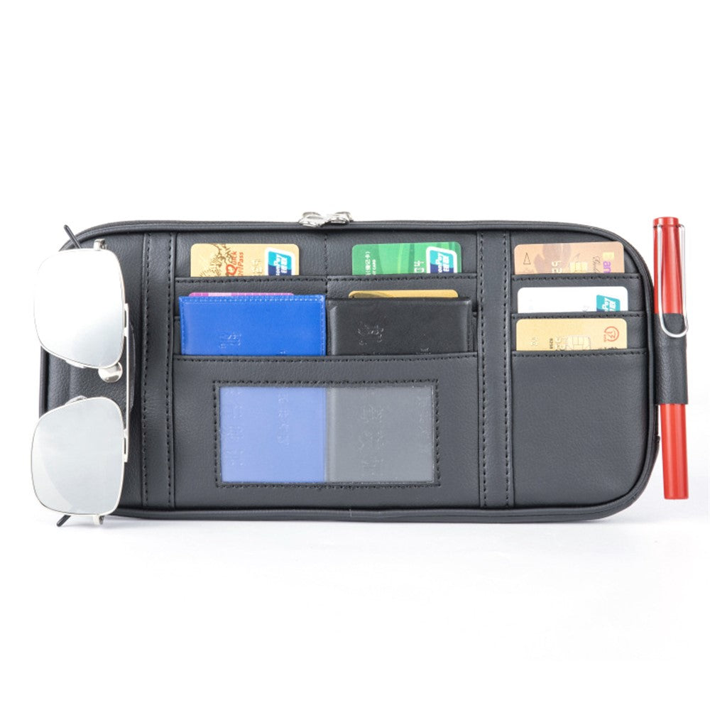 Car Sun Visor Storage Bag PU Leather Driving License Glasses Cards Holder Zipper Pocket Storage Bag