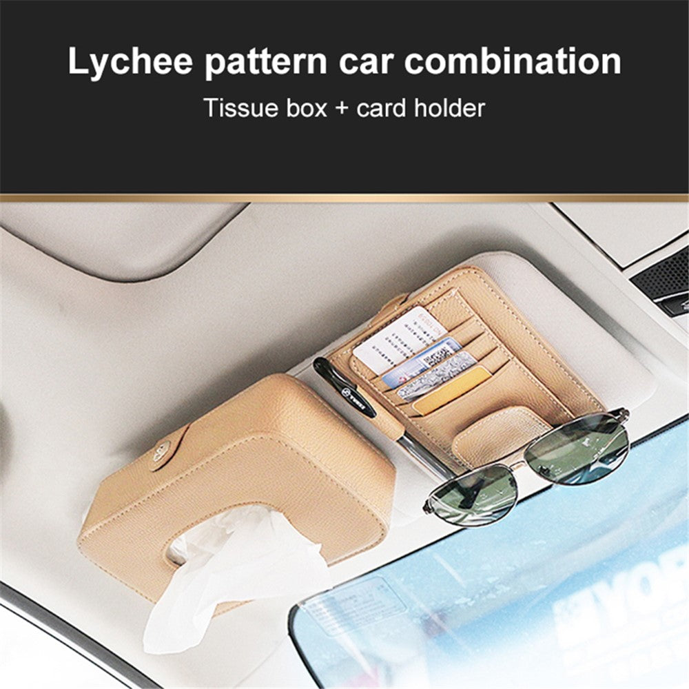 Automotive Interior Litchi Texture PU Leather Car Sun Visor Tissue Box Card Clip Set