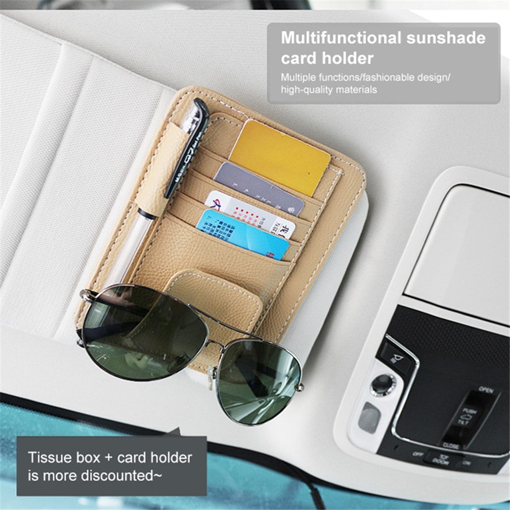 Automotive Interior Litchi Texture PU Leather Car Sun Visor Tissue Box Card Clip Set