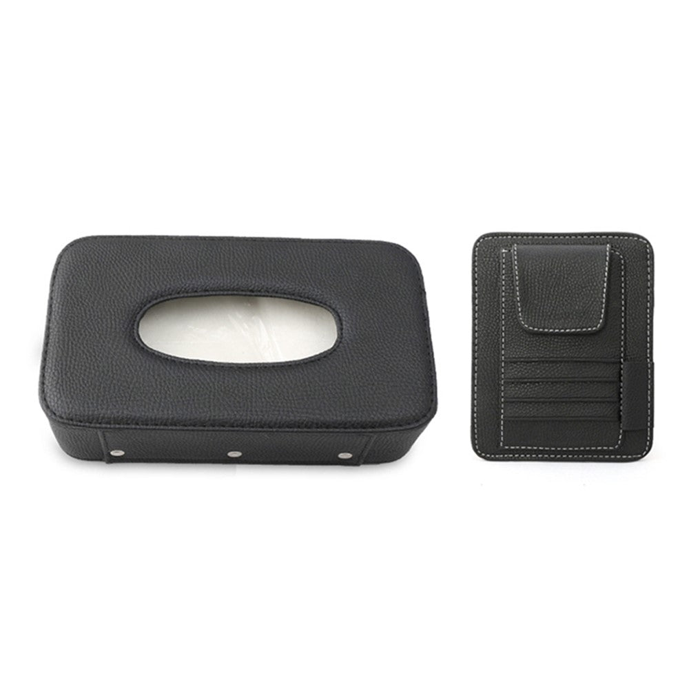 Automotive Interior Litchi Texture PU Leather Car Sun Visor Tissue Box Card Clip Set