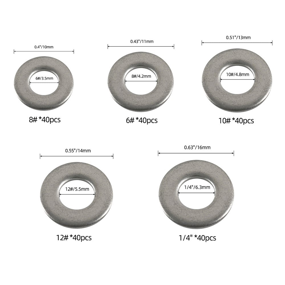 A7748 200Pcs Assorted 12# 10# 8# 6# 1 / 4" 304 Stainless Steel Flat Washers