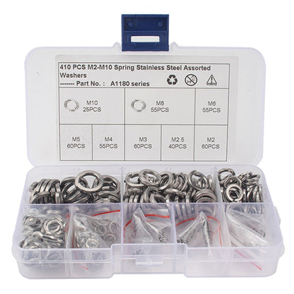 A1180 410Pcs M2-M10 Stainless Steel Assorted Spring Washers with Plastic Box