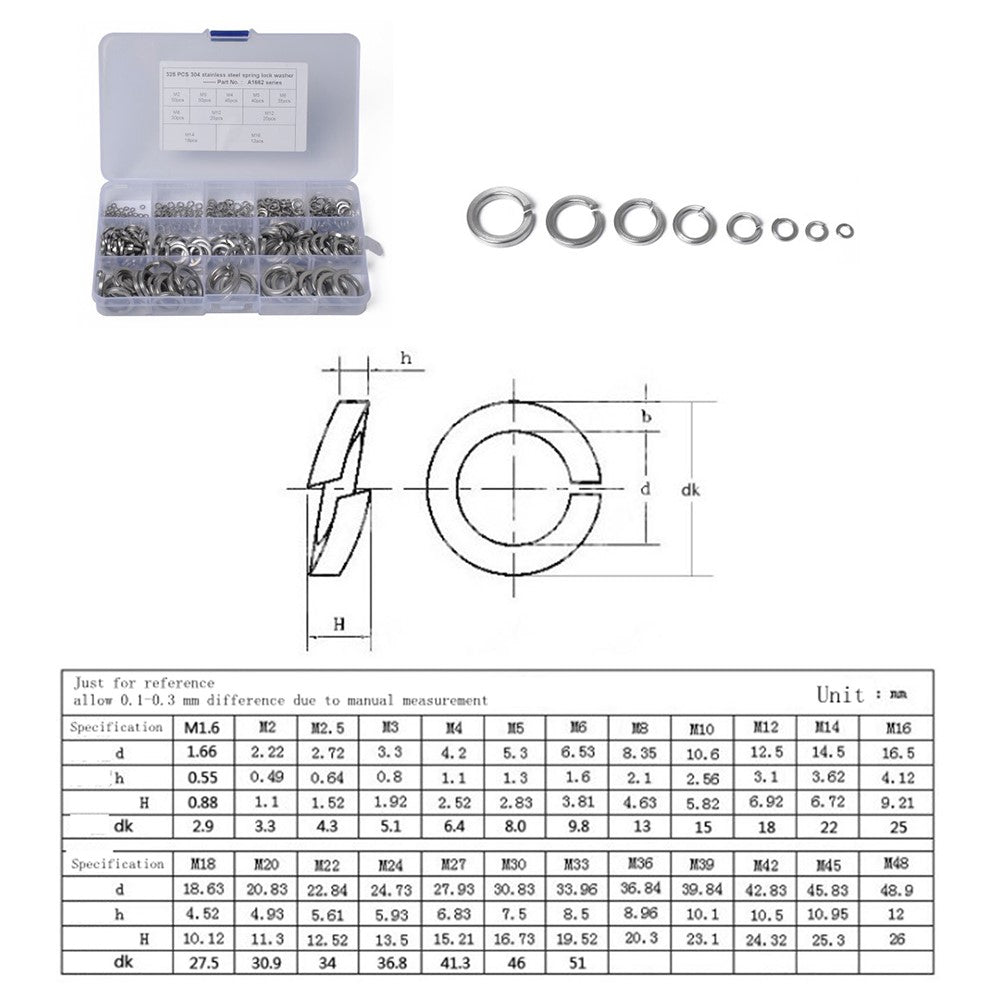 A1180 410Pcs M2-M10 Stainless Steel Assorted Spring Washers with Plastic Box