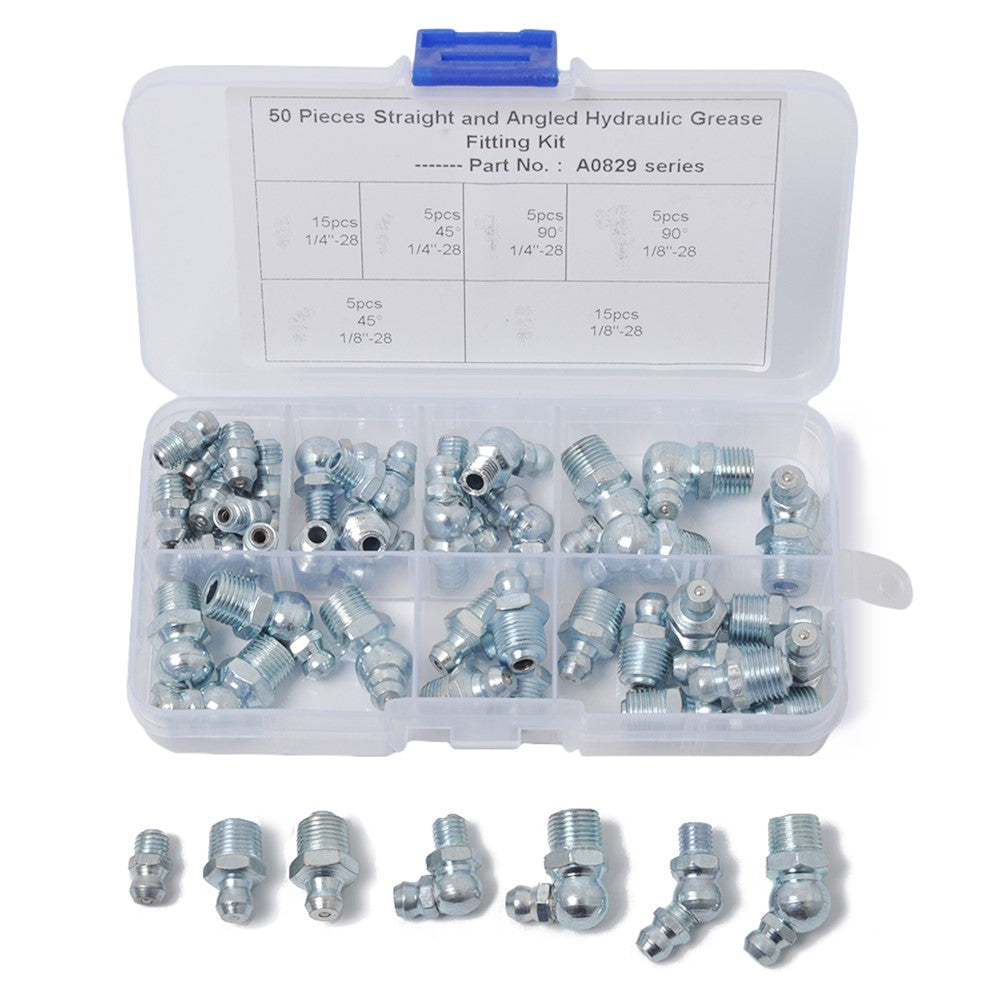 A0829 50Pcs Straight and Angled Hydraulic Grease Fitting Assortment Kit