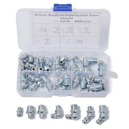 A0829 50Pcs Straight and Angled Hydraulic Grease Fitting Assortment Kit