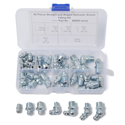 A0829 50Pcs Straight and Angled Hydraulic Grease Fitting Assortment Kit