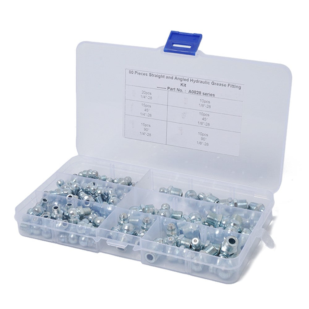 A0828 80Pcs 45 / 90 Degree Angled and Straight Hydraulic Grease Fitting Assort Kit