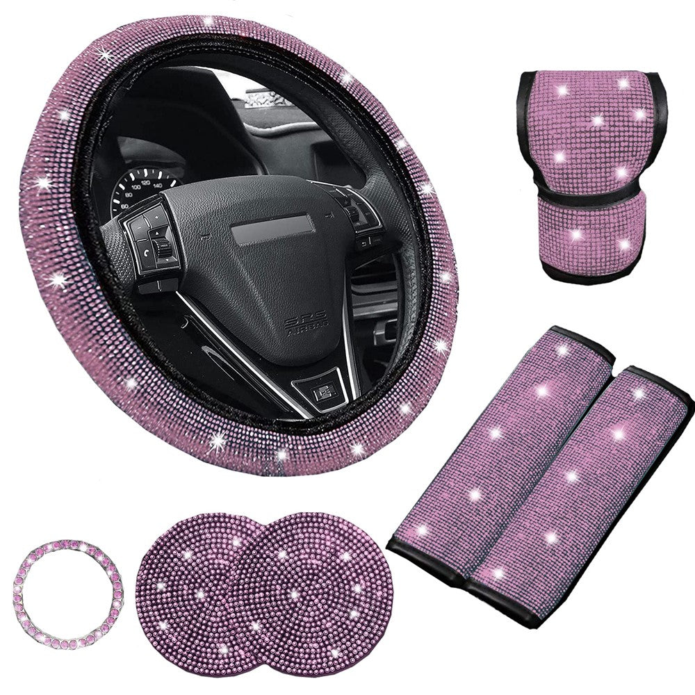 7Pcs / Set Shiny Rhinestones Car Steering Wheel Safety Belt Shifter Cover Cup Mat Start Button Ring Kit