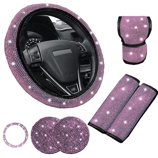 7Pcs / Set Shiny Rhinestones Car Steering Wheel Safety Belt Shifter Cover Cup Mat Start Button Ring Kit