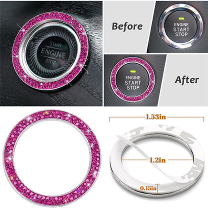 7Pcs / Set Shiny Rhinestones Car Steering Wheel Safety Belt Shifter Cover Cup Mat Start Button Ring Kit