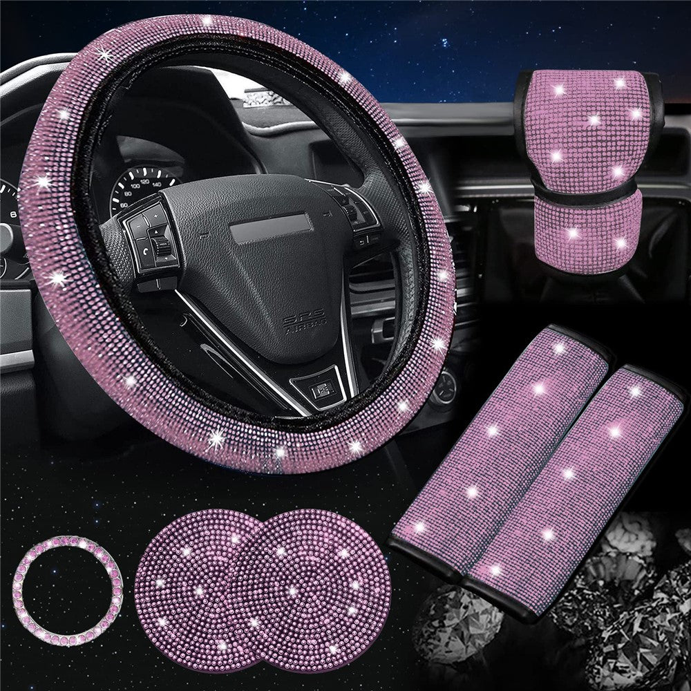 7Pcs / Set Shiny Rhinestones Car Steering Wheel Safety Belt Shifter Cover Cup Mat Start Button Ring Kit