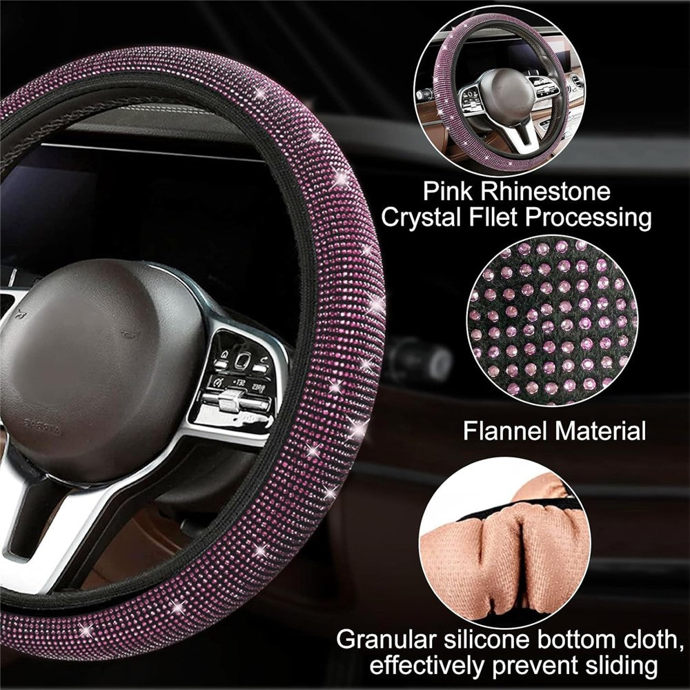 7Pcs / Set Shiny Rhinestones Car Steering Wheel Safety Belt Shifter Cover Cup Mat Start Button Ring Kit
