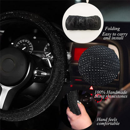 7Pcs / Set Shiny Rhinestones Car Steering Wheel Safety Belt Shifter Cover Cup Mat Start Button Ring Kit