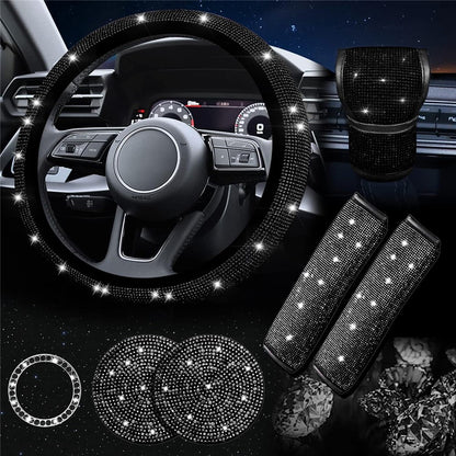 7Pcs / Set Shiny Rhinestones Car Steering Wheel Safety Belt Shifter Cover Cup Mat Start Button Ring Kit