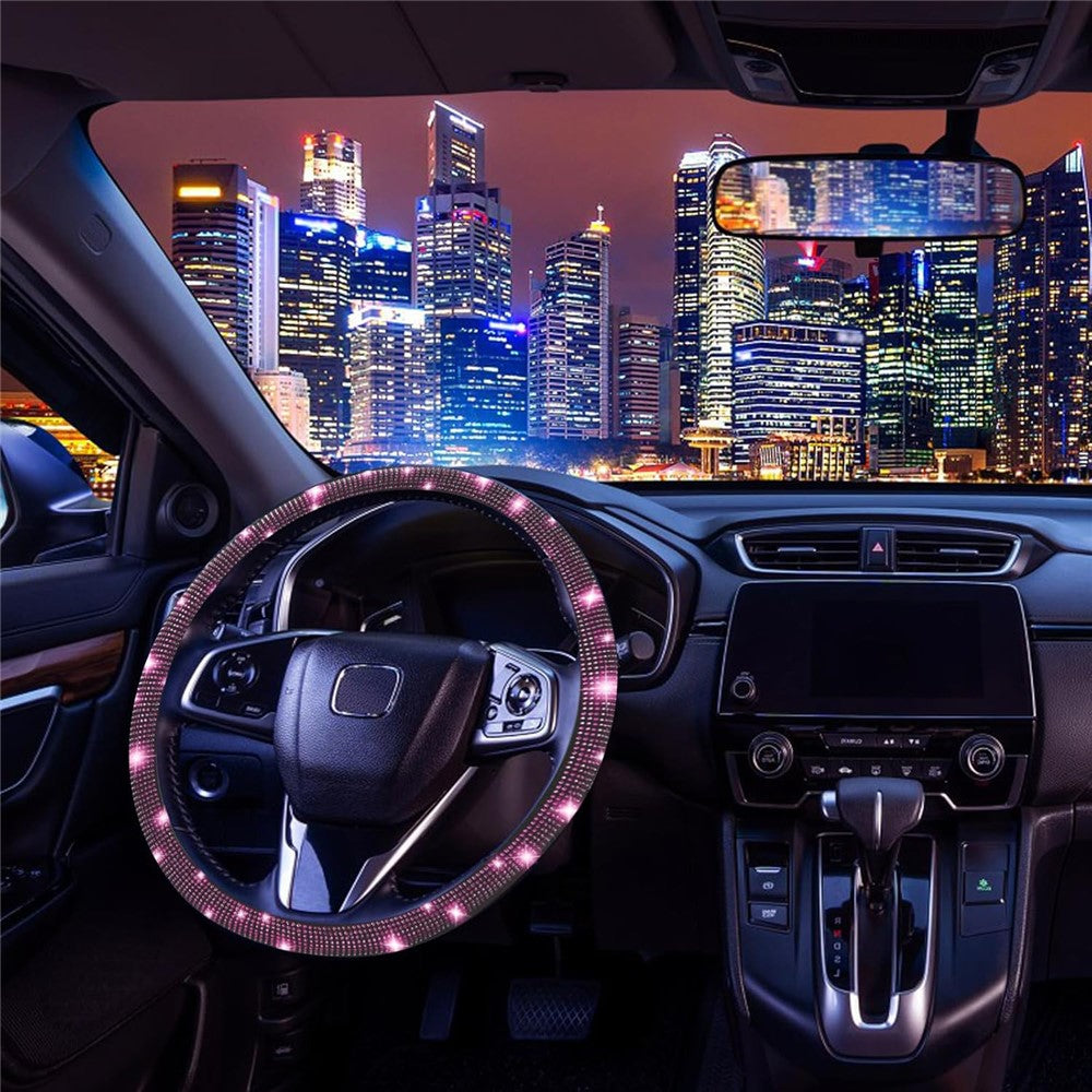 7Pcs / Set Shiny Rhinestones Car Steering Wheel Safety Belt Shifter Cover Cup Mat Start Button Ring Kit