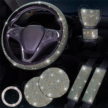 7Pcs / Set Shiny Rhinestones Car Steering Wheel Safety Belt Shifter Cover Cup Mat Start Button Ring Kit