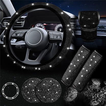 7Pcs / Set Shiny Rhinestones Car Steering Wheel Safety Belt Shifter Cover Cup Mat Start Button Ring Kit