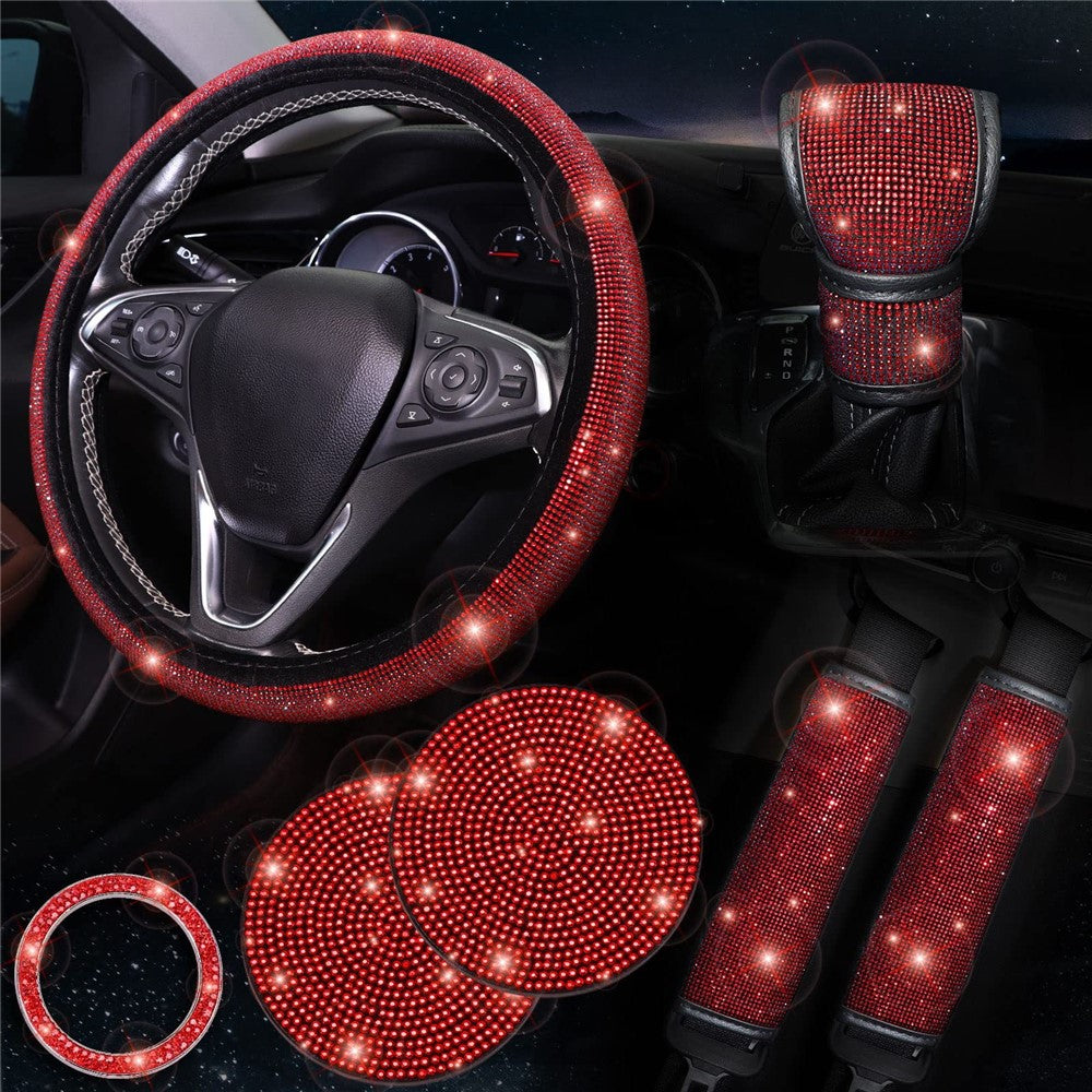 7Pcs / Set Shiny Rhinestones Car Steering Wheel Safety Belt Shifter Cover Cup Mat Start Button Ring Kit