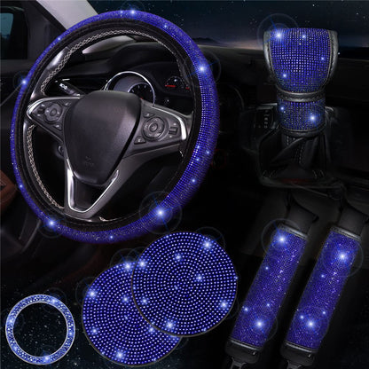 7Pcs / Set Shiny Rhinestones Car Steering Wheel Safety Belt Shifter Cover Cup Mat Start Button Ring Kit