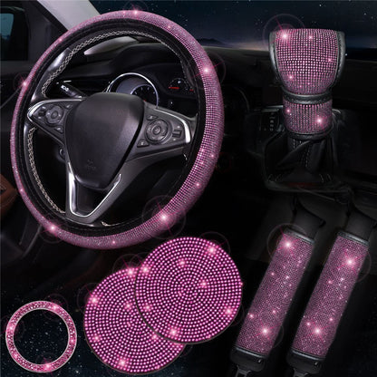 7Pcs / Set Shiny Rhinestones Car Steering Wheel Safety Belt Shifter Cover Cup Mat Start Button Ring Kit