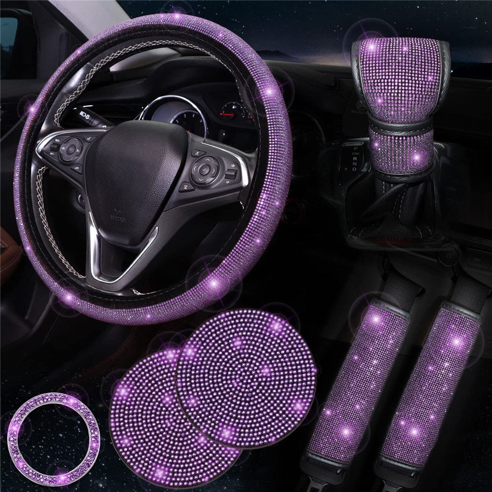 7Pcs / Set Shiny Rhinestones Car Steering Wheel Safety Belt Shifter Cover Cup Mat Start Button Ring Kit