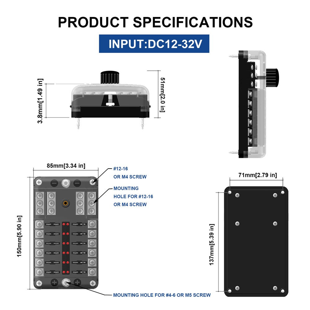 WUPP CS-339C1 12 Way Blade Fuse Block with Negative Bus LED Indicator for Car Boat Van SUV