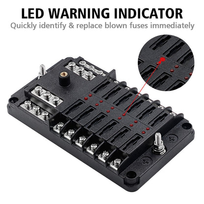 WUPP CS-339C1 12 Way Blade Fuse Block with Negative Bus LED Indicator for Car Boat Van SUV