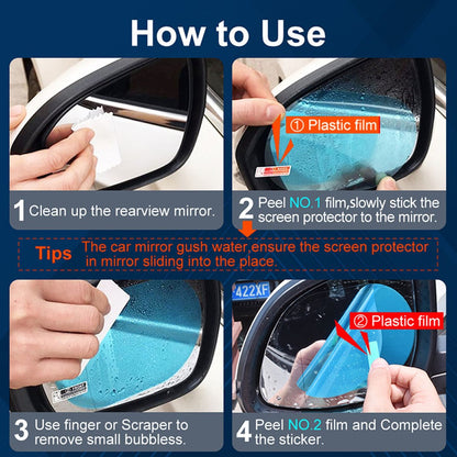 2Pcs Oval 100x150mm Car Rear View Mirror Film PET Anti-Fog Rainproof Mirror Film with Tools